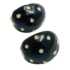 Vintage gold enamel rhinestone designer clip on earrings