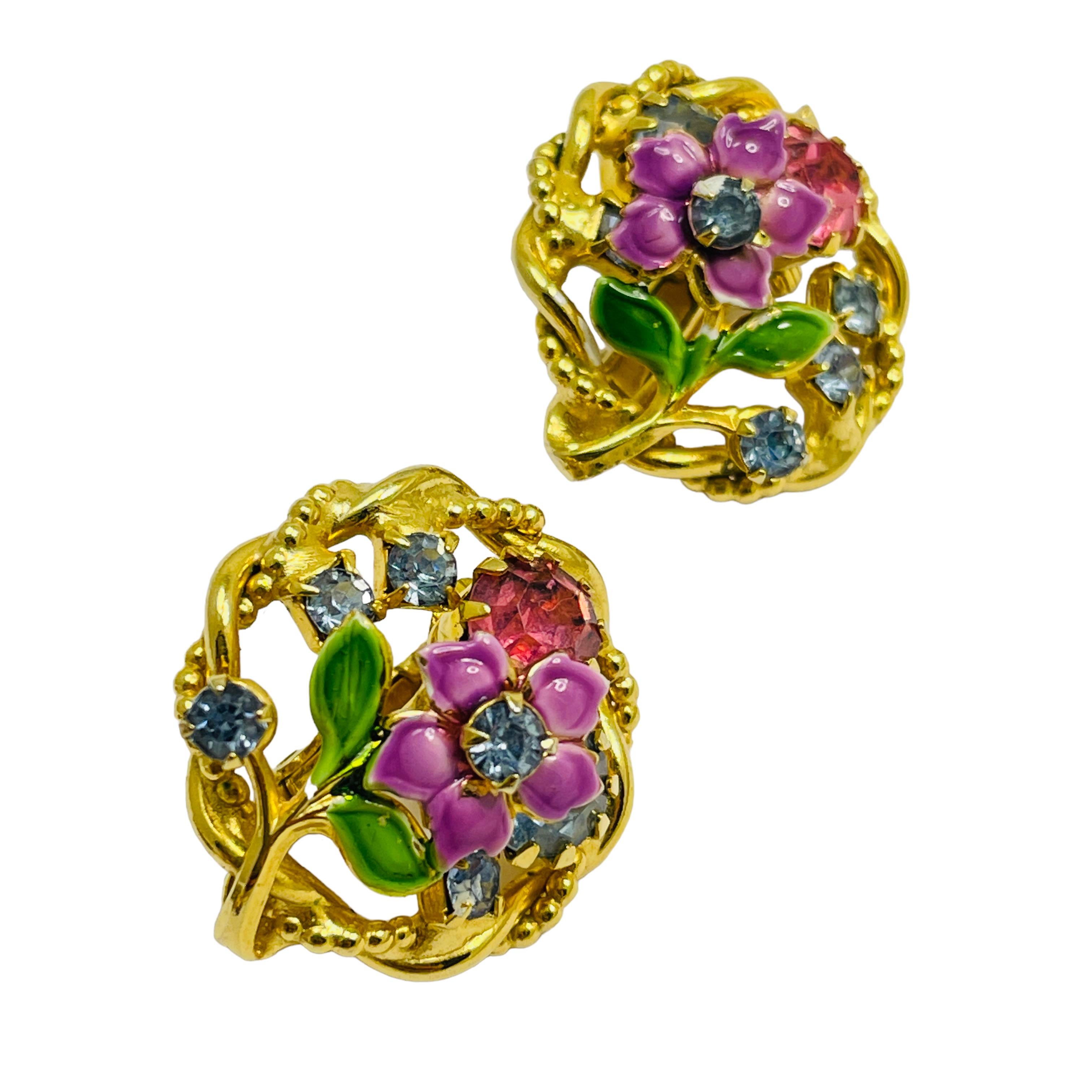 Women's or Men's Vintage gold enamel rhinestone designer clip on earrings For Sale