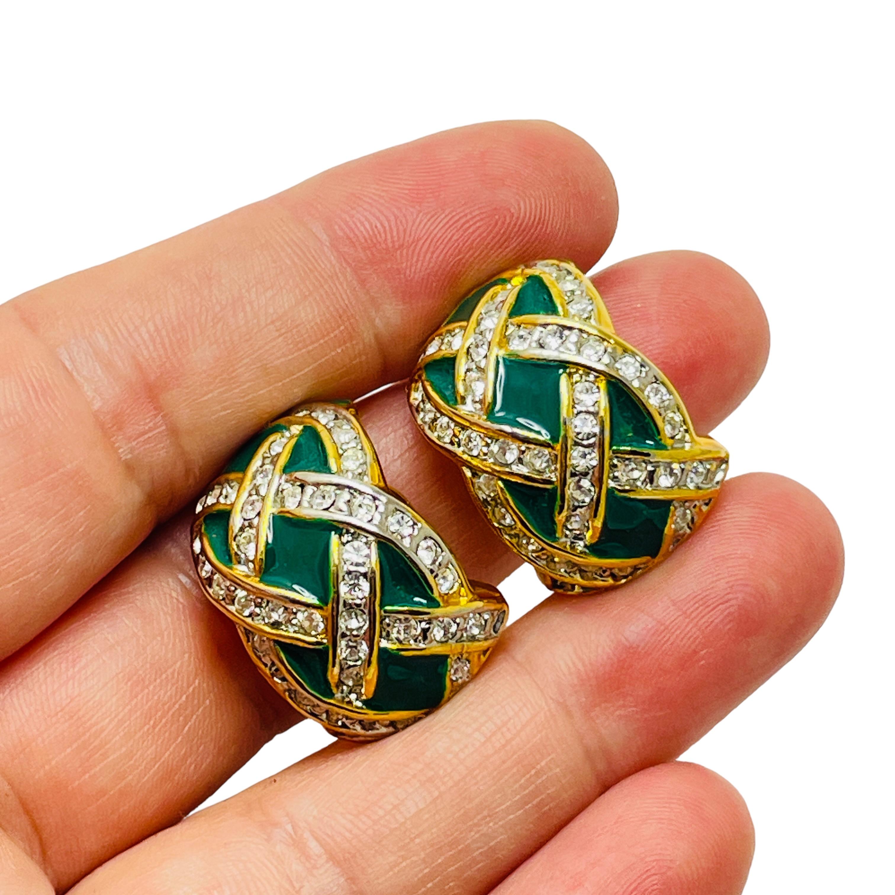 Women's Vintage gold enamel rhinestone designer clip on earrings For Sale