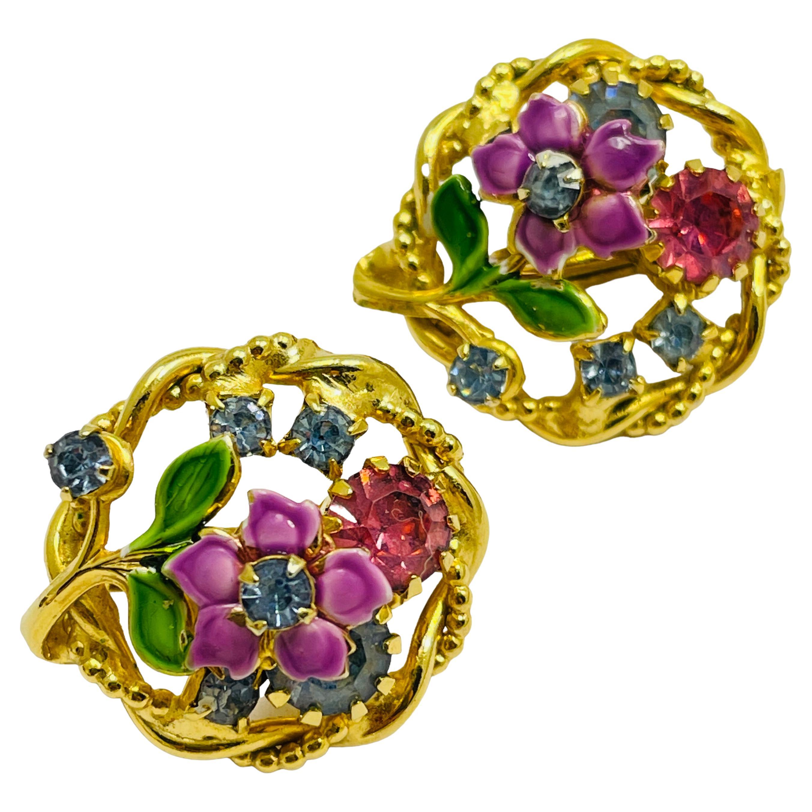 Vintage gold enamel rhinestone designer clip on earrings