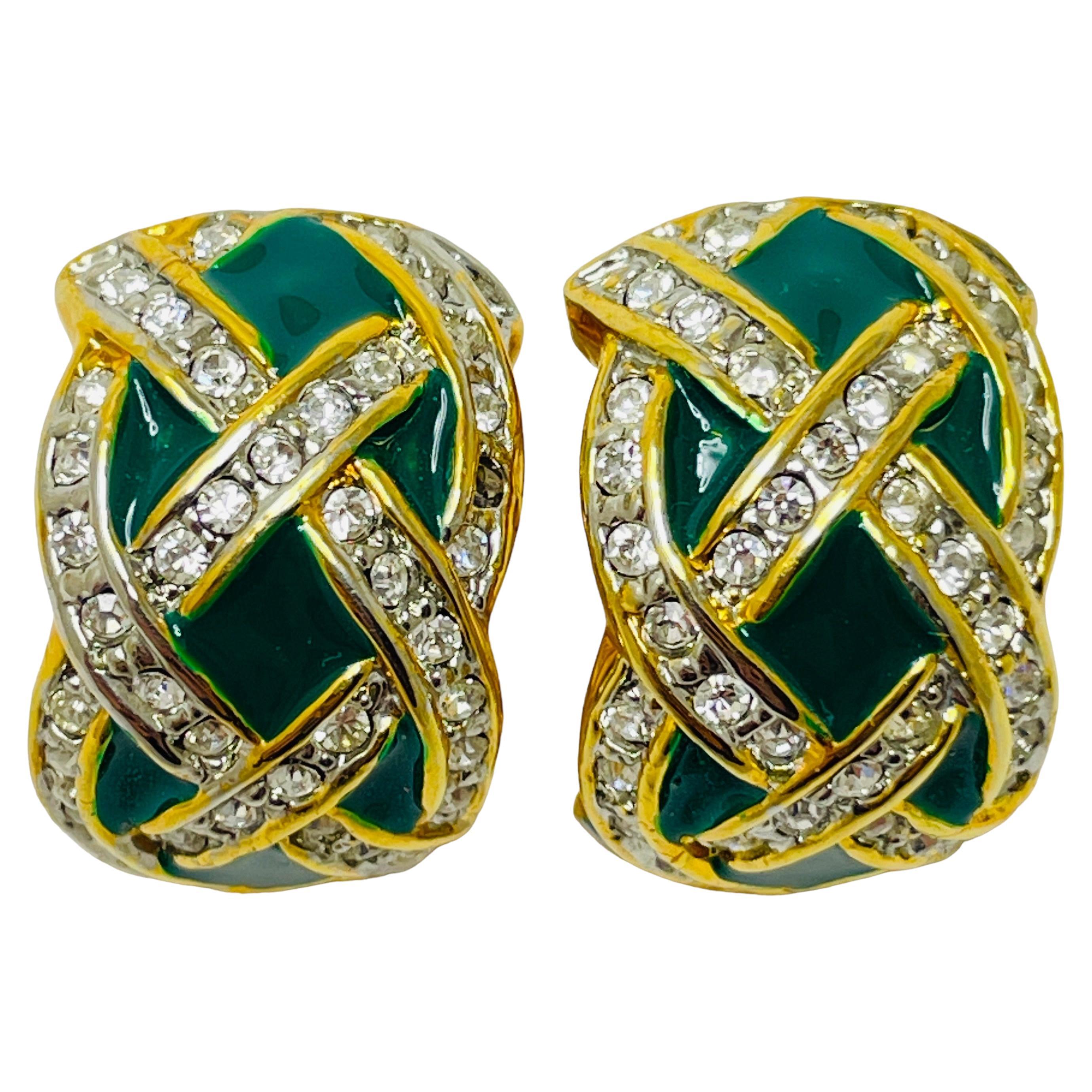 Vintage gold enamel rhinestone designer clip on earrings For Sale