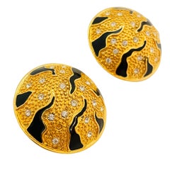 Vintage gold enamel rhinestone designer runway clip on earrings