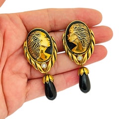 Vintage  gold enamel rhinestone designer runway clip on earrings