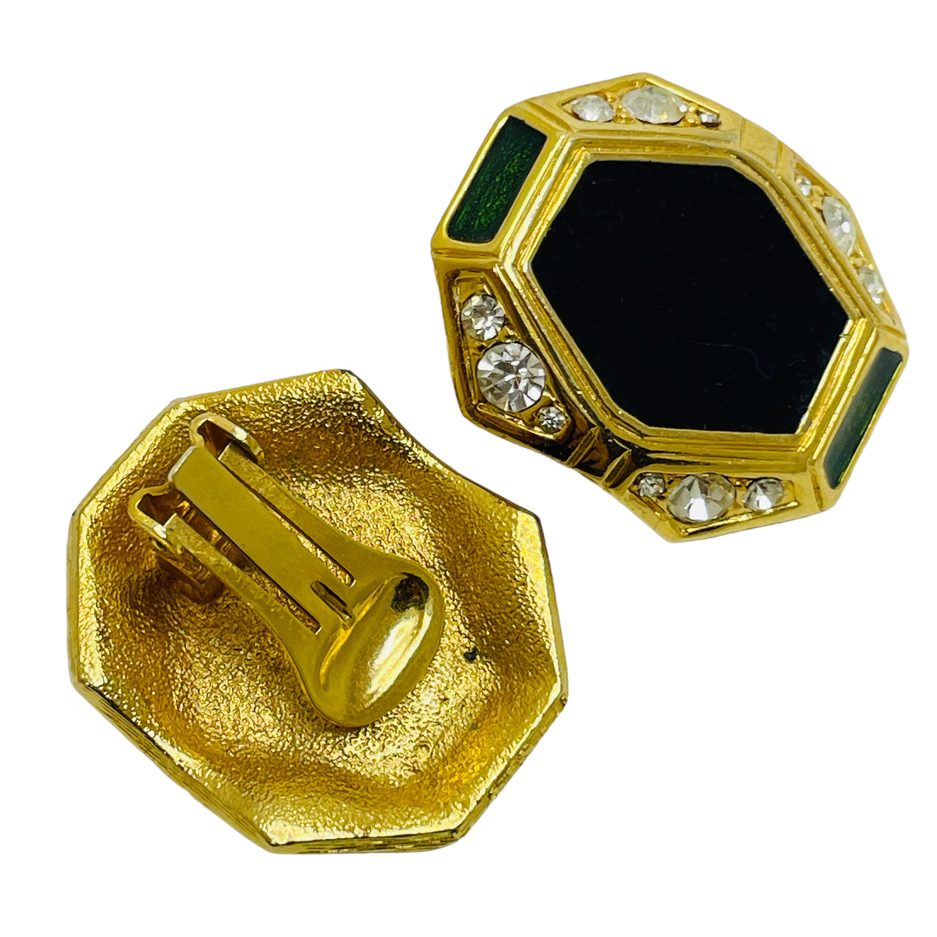 Vintage gold enamel rhinestone designer runway clip on earrings In Good Condition For Sale In Palos Hills, IL