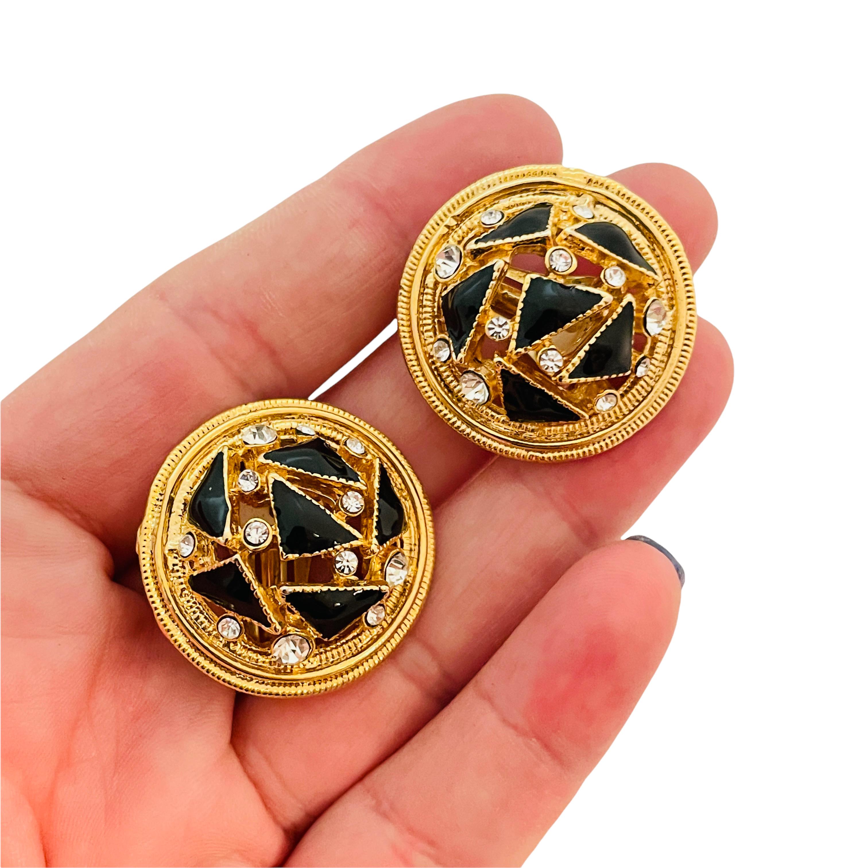 Women's Vintage gold enamel rhinestone designer runway clip on earrings For Sale