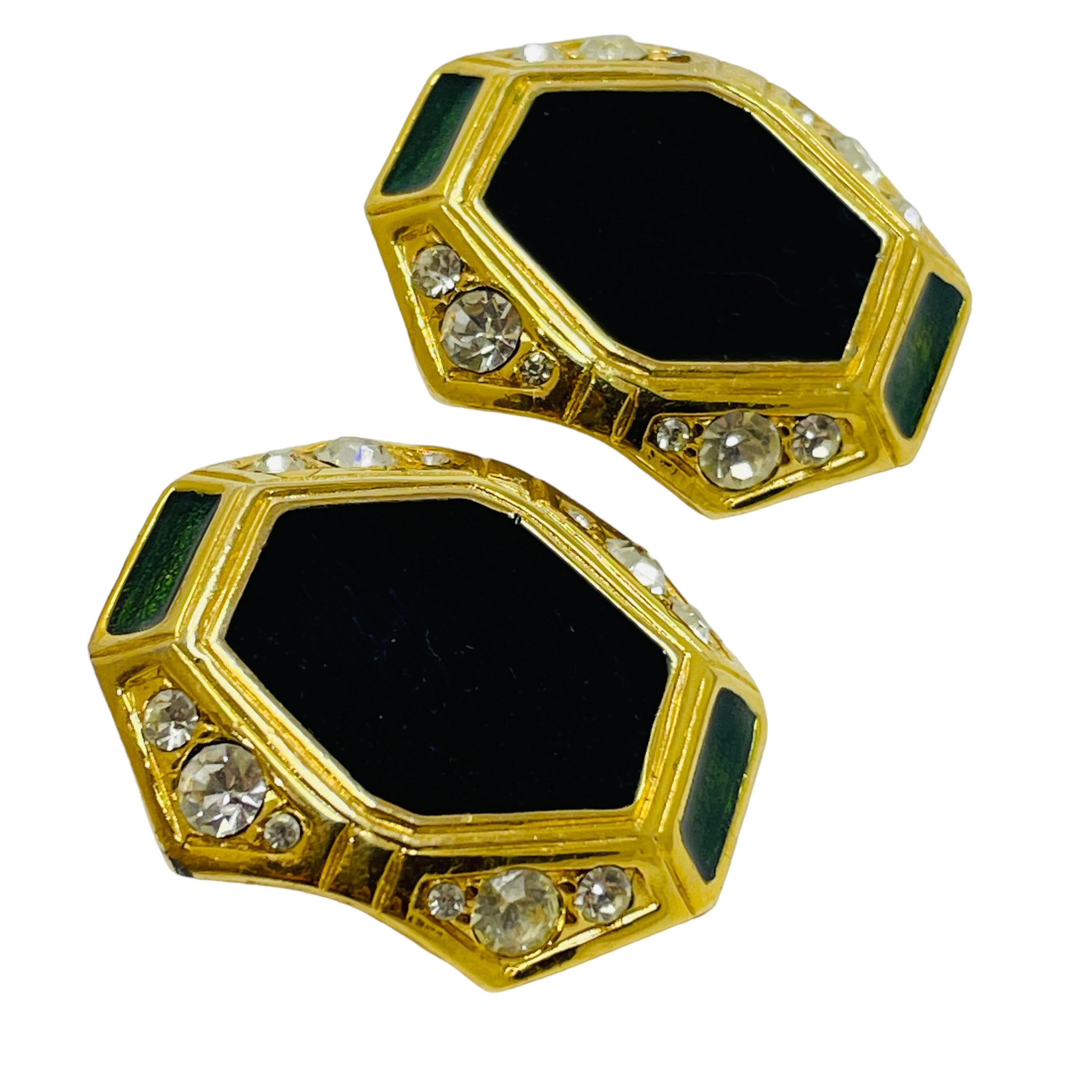 Women's or Men's Vintage gold enamel rhinestone designer runway clip on earrings For Sale