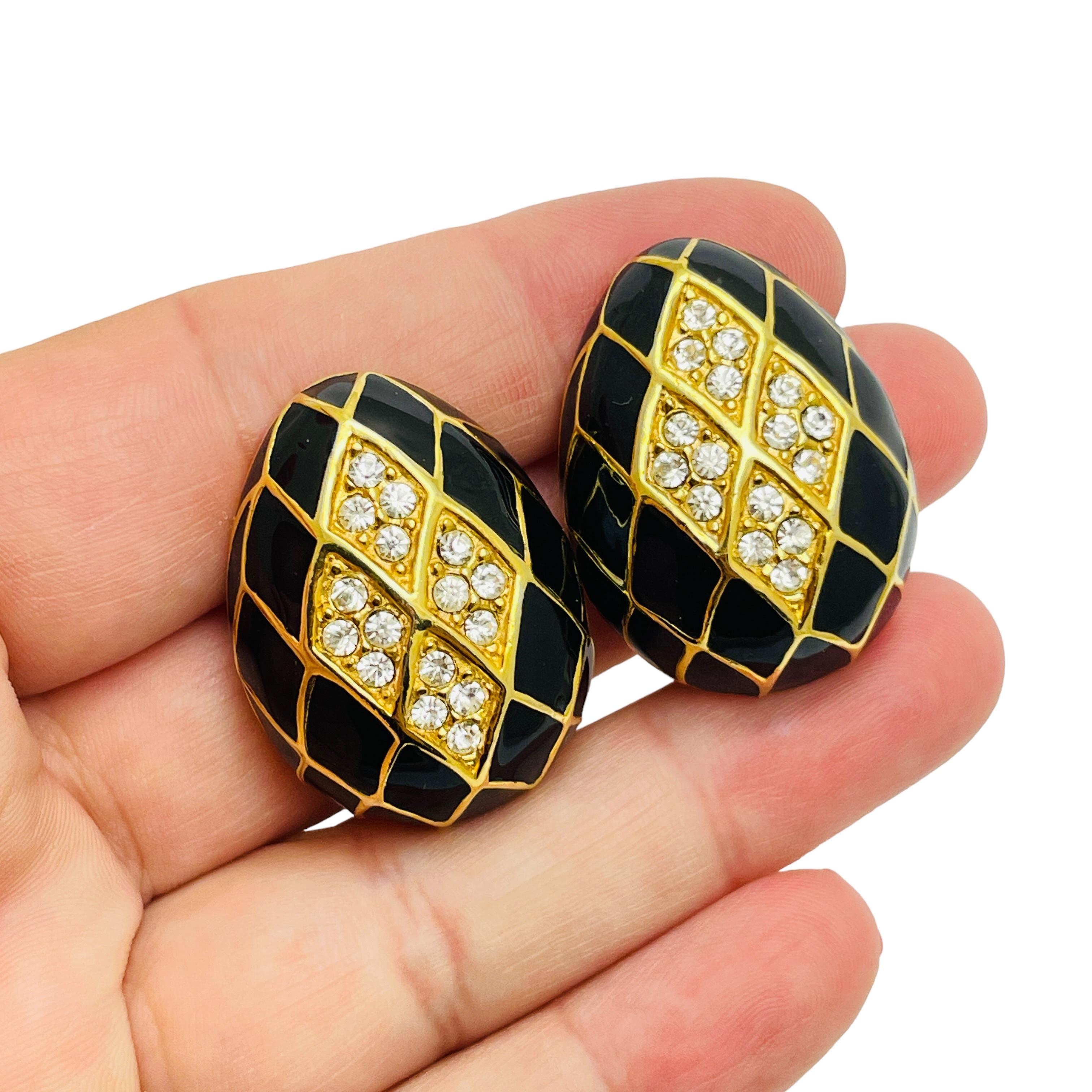 Women's Vintage gold enamel rhinestone designer runway clip on earrings For Sale