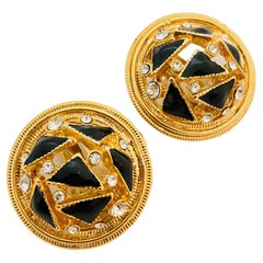 Vintage gold enamel rhinestone designer runway clip on earrings
