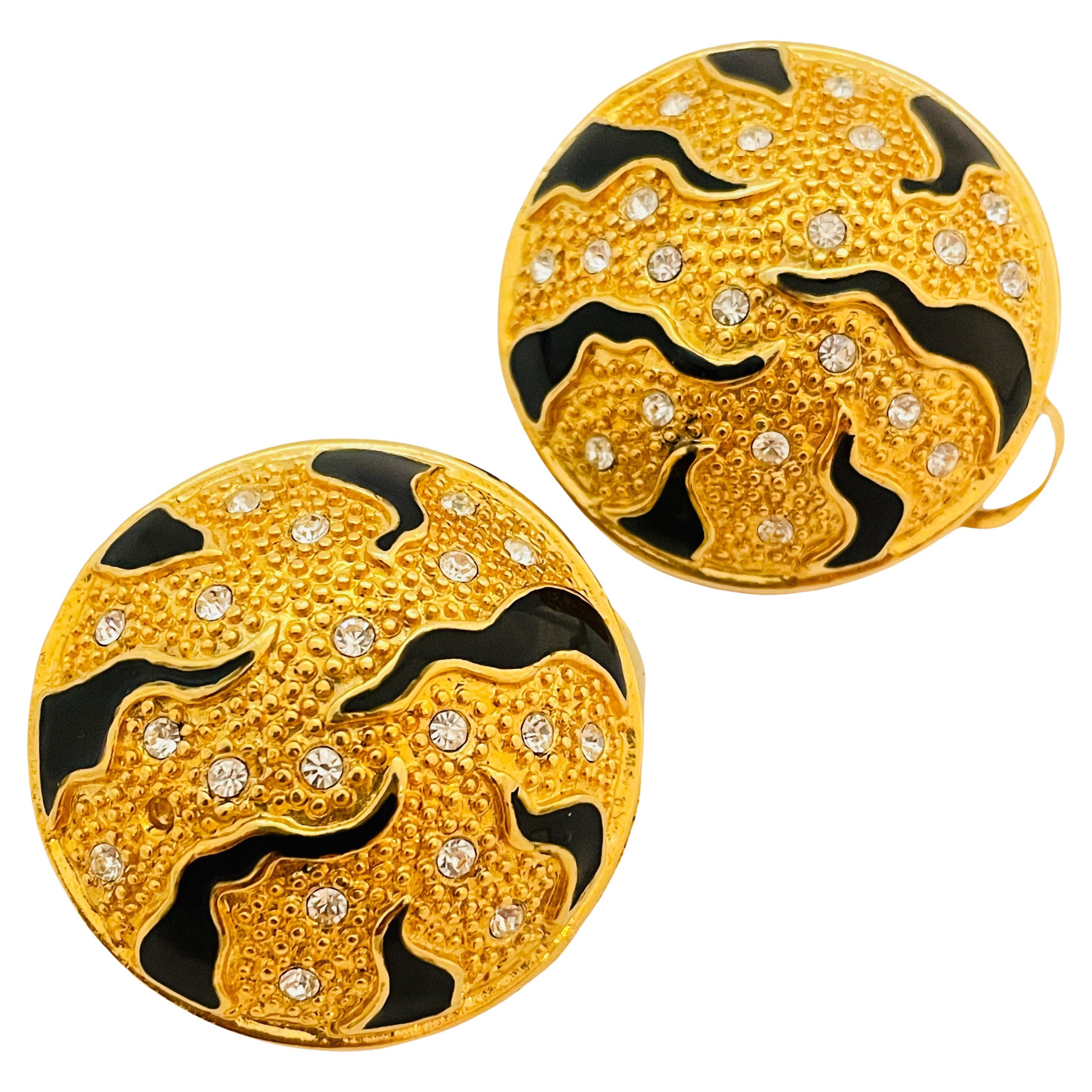 Vintage gold enamel rhinestone designer runway clip on earrings For Sale