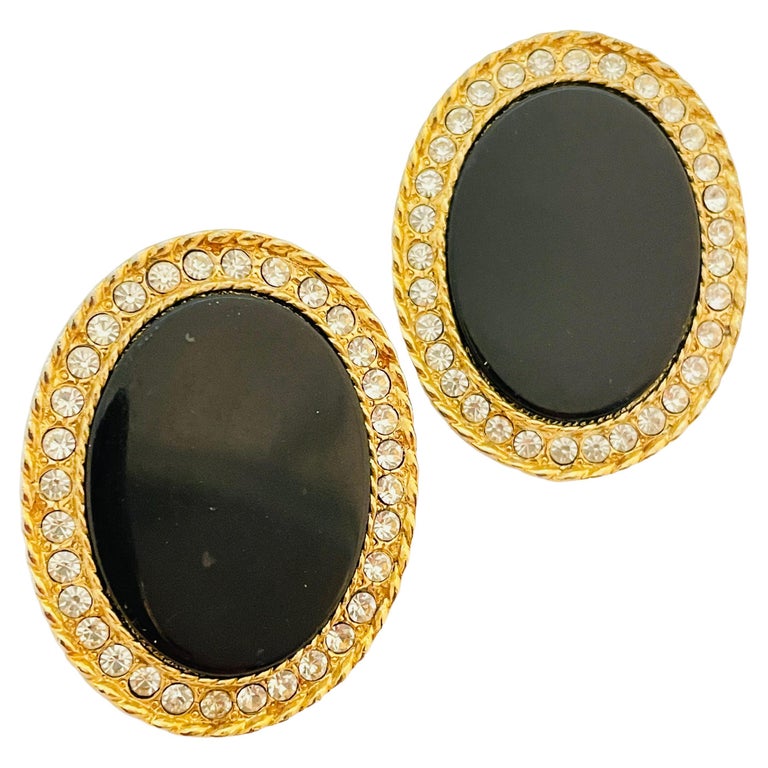 Vintage gold enamel rhinestone designer runway clip on earrings For