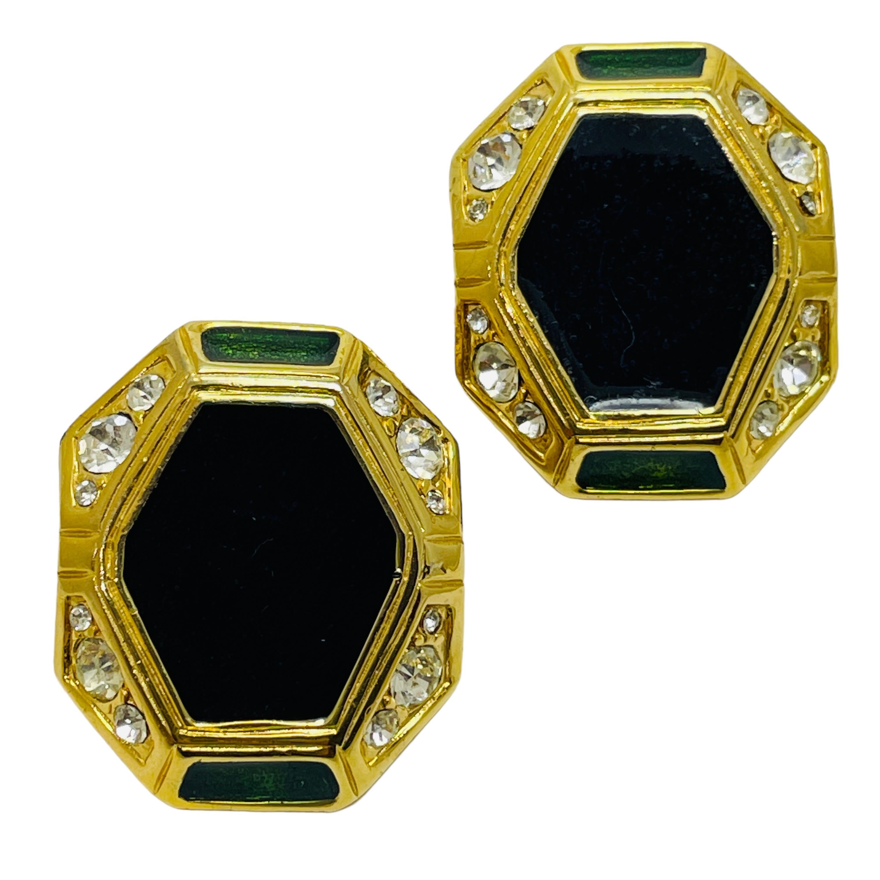 Vintage gold enamel rhinestone designer runway clip on earrings For Sale