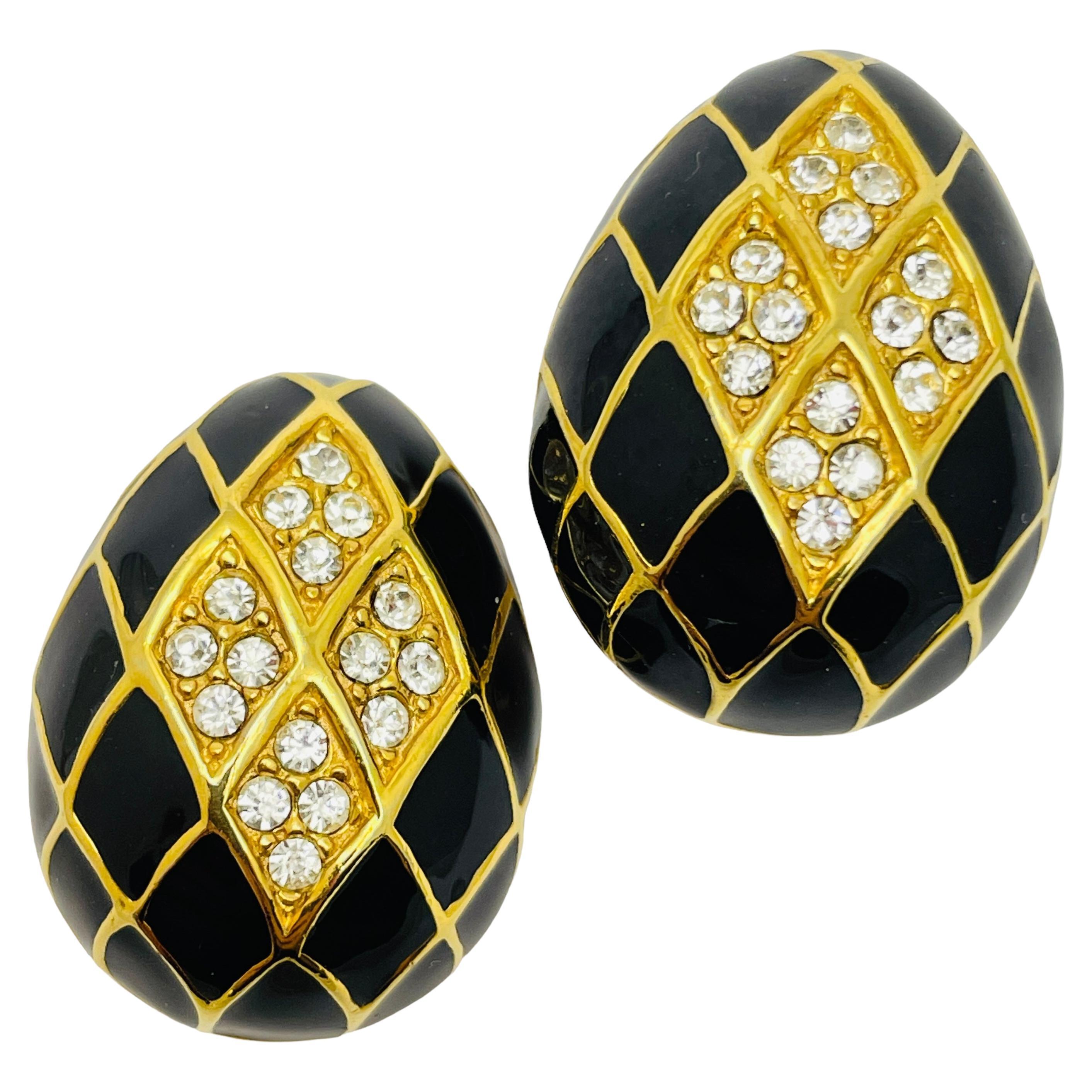 Vintage gold enamel rhinestone designer runway clip on earrings For Sale