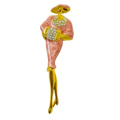 Broche de diseño vintage de esmalte dorado con strass elegante dama con sombrero