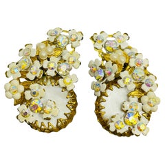 Vintage gold enamel rhinestone flower designer clip on earrings