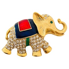 Vintage gold enamel rhinestone jewel elephant designer runway brooch