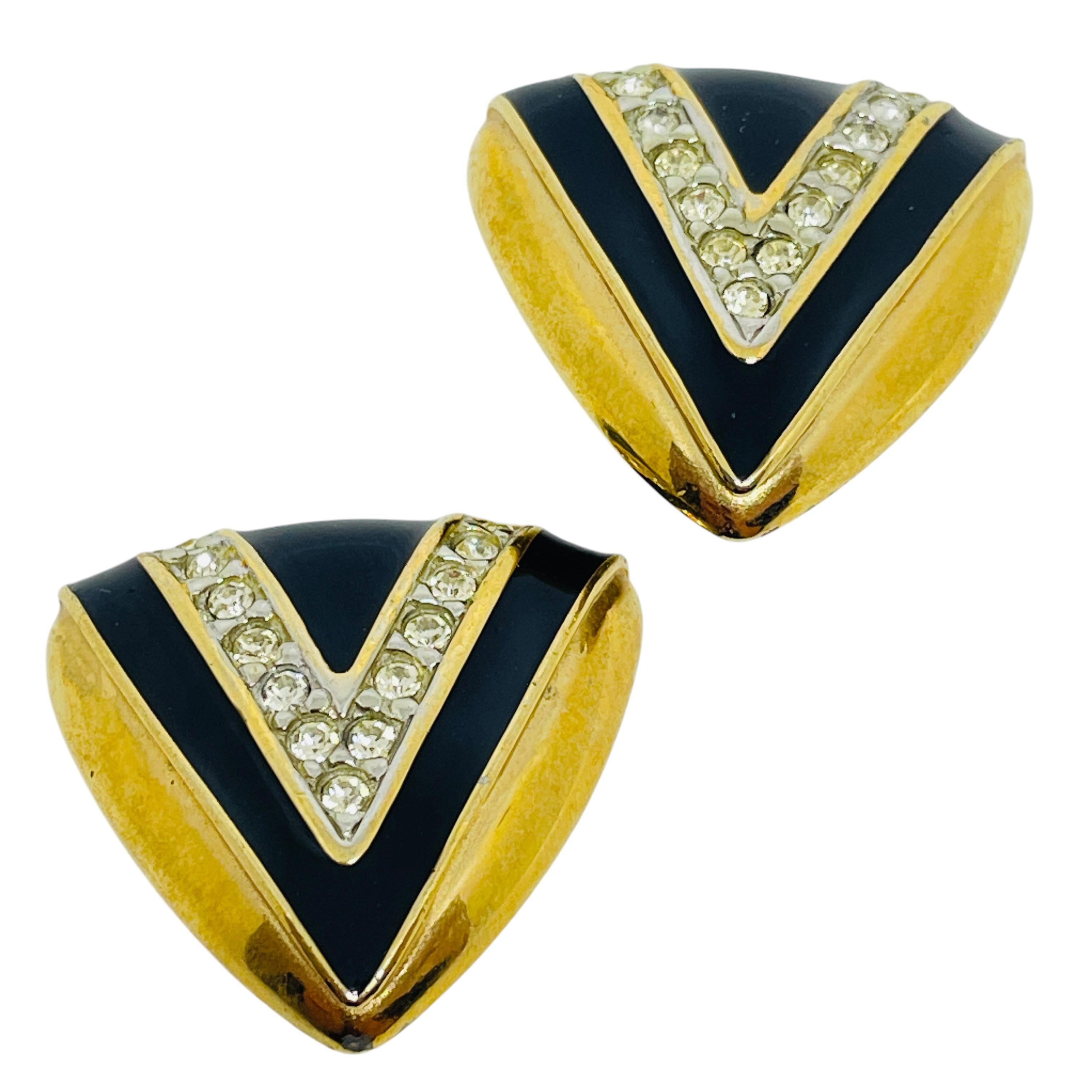 Vintage Gold Emaille Strass massiv Designer Clip auf Ohrringe