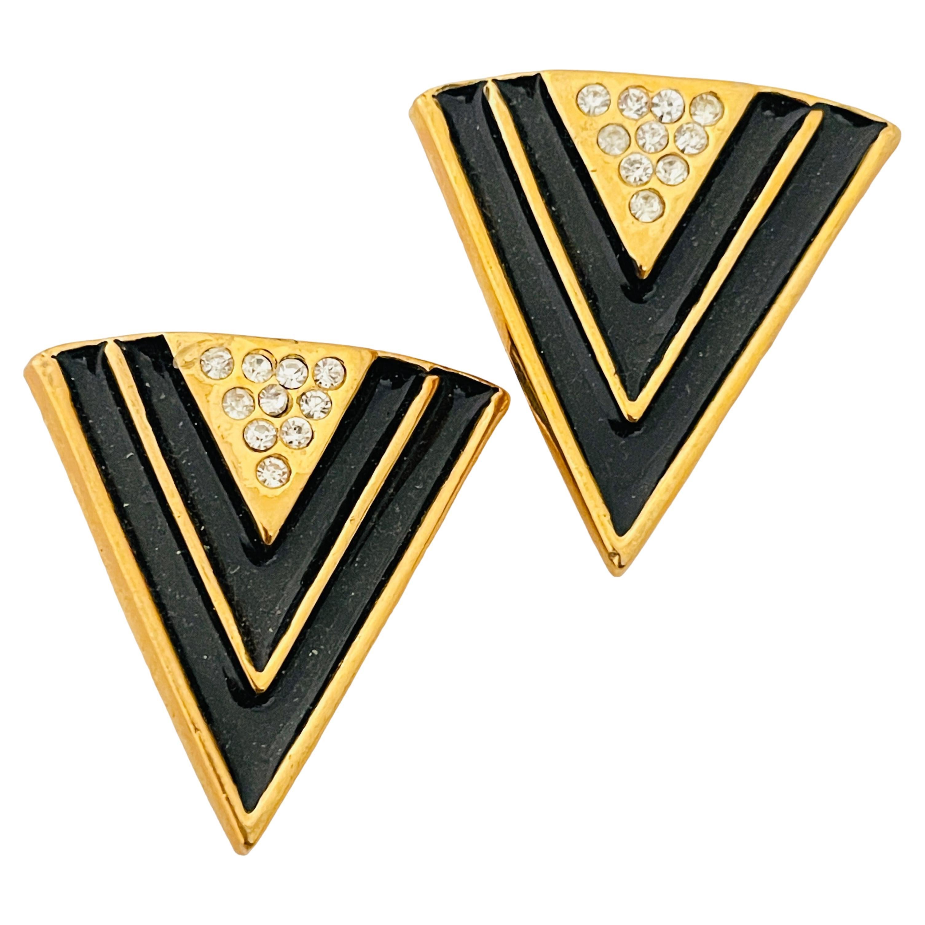 Boucles d'oreilles clips vintage en émail doré et strass moderniste pour défilé