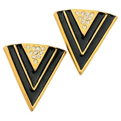 Boucles d'oreilles clips vintage en émail doré et strass moderniste pour défilé