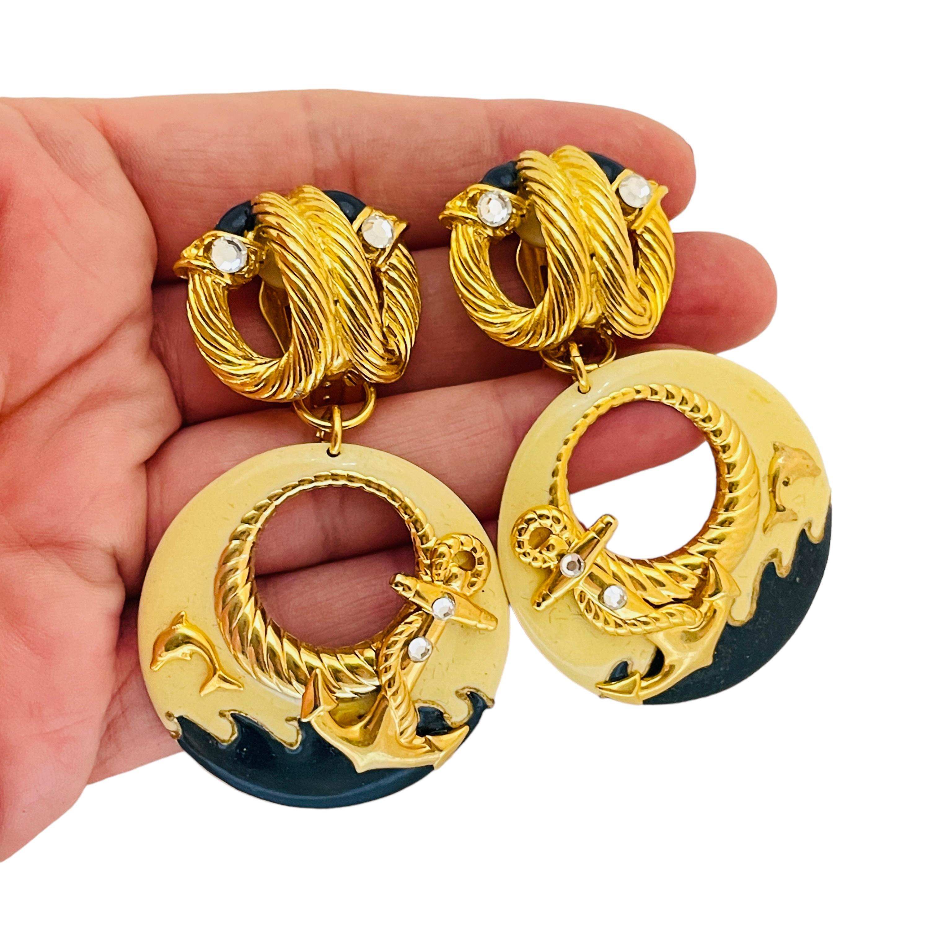 Women's Vintage gold enamel rhinestone nautical anchor designer runway clip on earrings For Sale