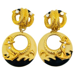 Vintage Gold Emaille Strass nautische Anker Designer Laufsteg-Ohrclips an Ohrringen, Vintage