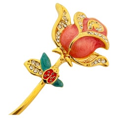 Vintage gold enamel rhinestone rose designer brooch