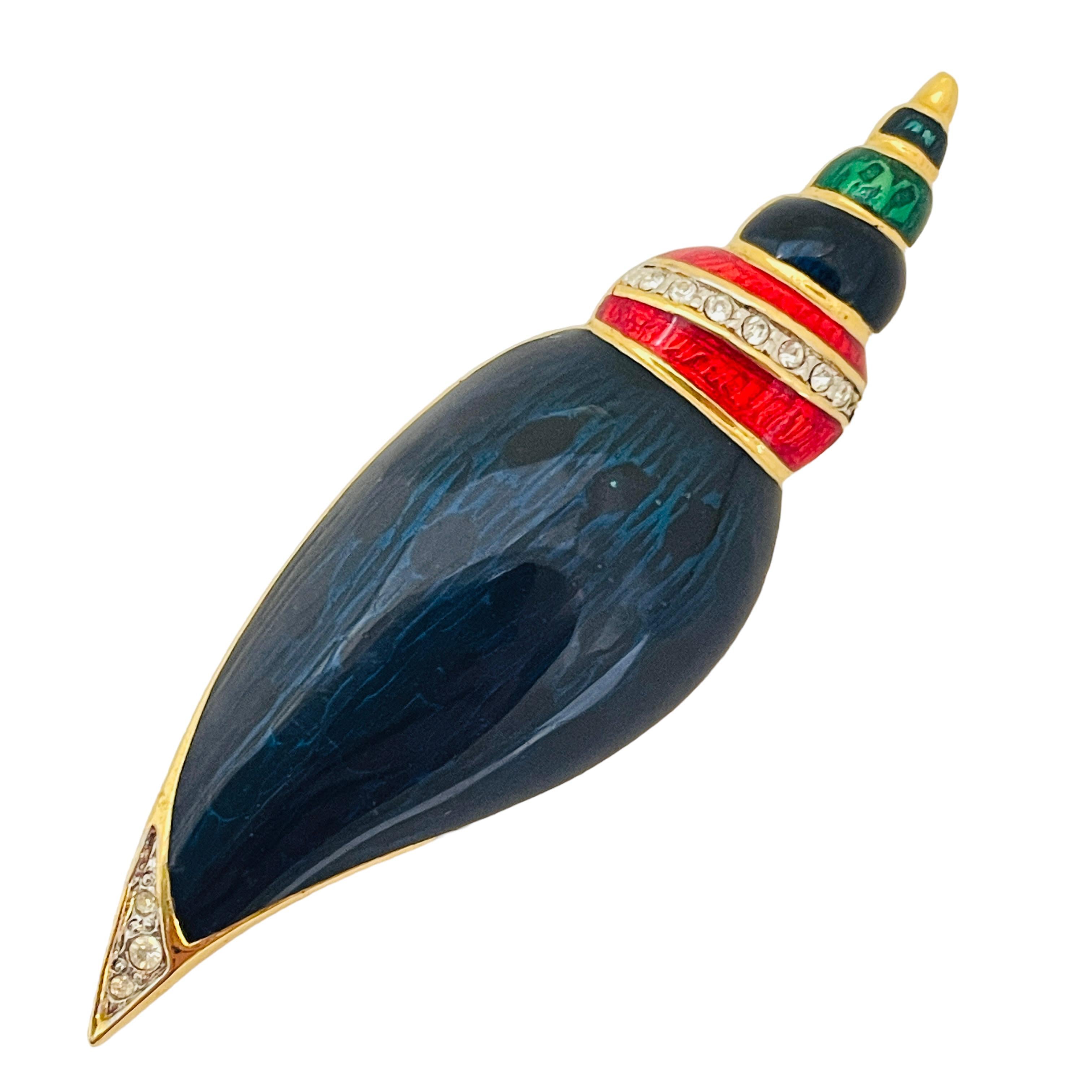 Women's or Men's Vintage gold enamel rhinestone seashell designer brooch For Sale