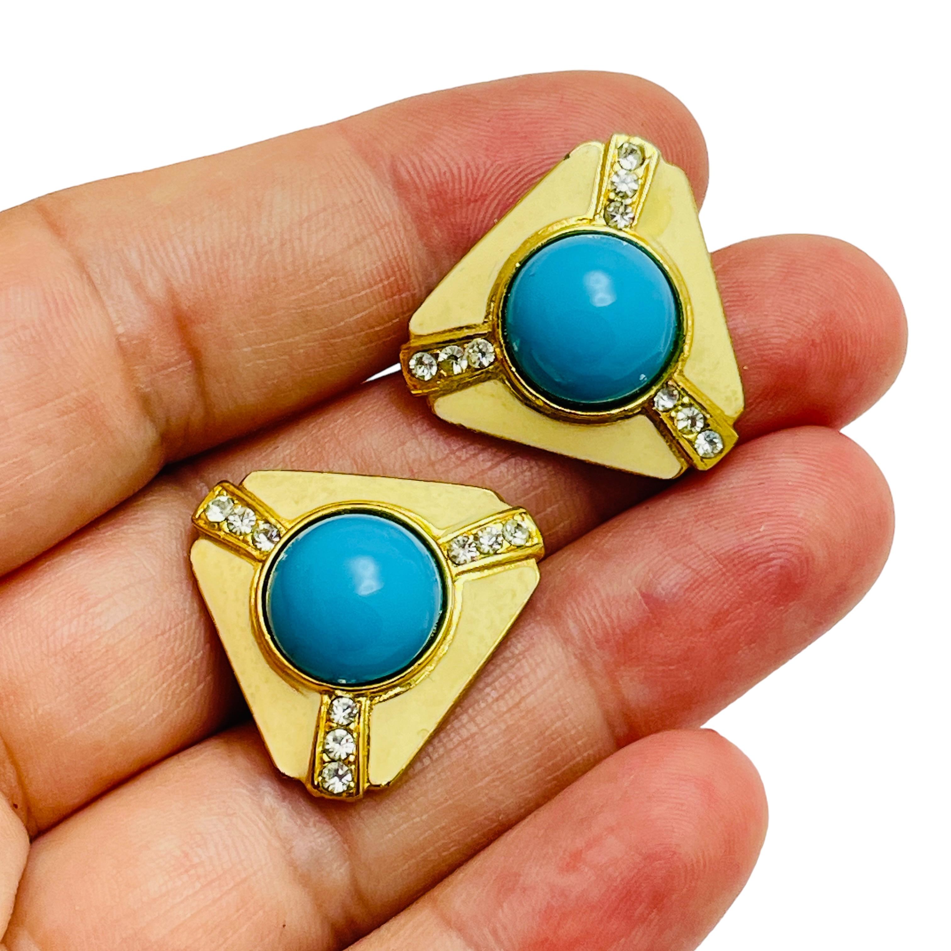 Women's Vintage gold enamel rhinestone turquoise designer clip on earrings For Sale
