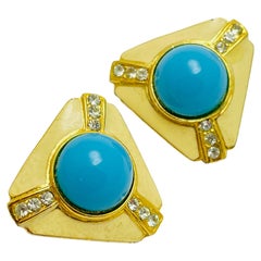 Vintage gold enamel rhinestone turquoise designer clip on earrings