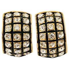 Vintage gold enamel rhinestones designer clip on earrings