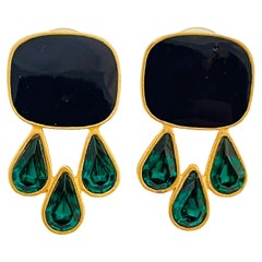 Vintage gold enamel rhinestones designer runway pierced earrings