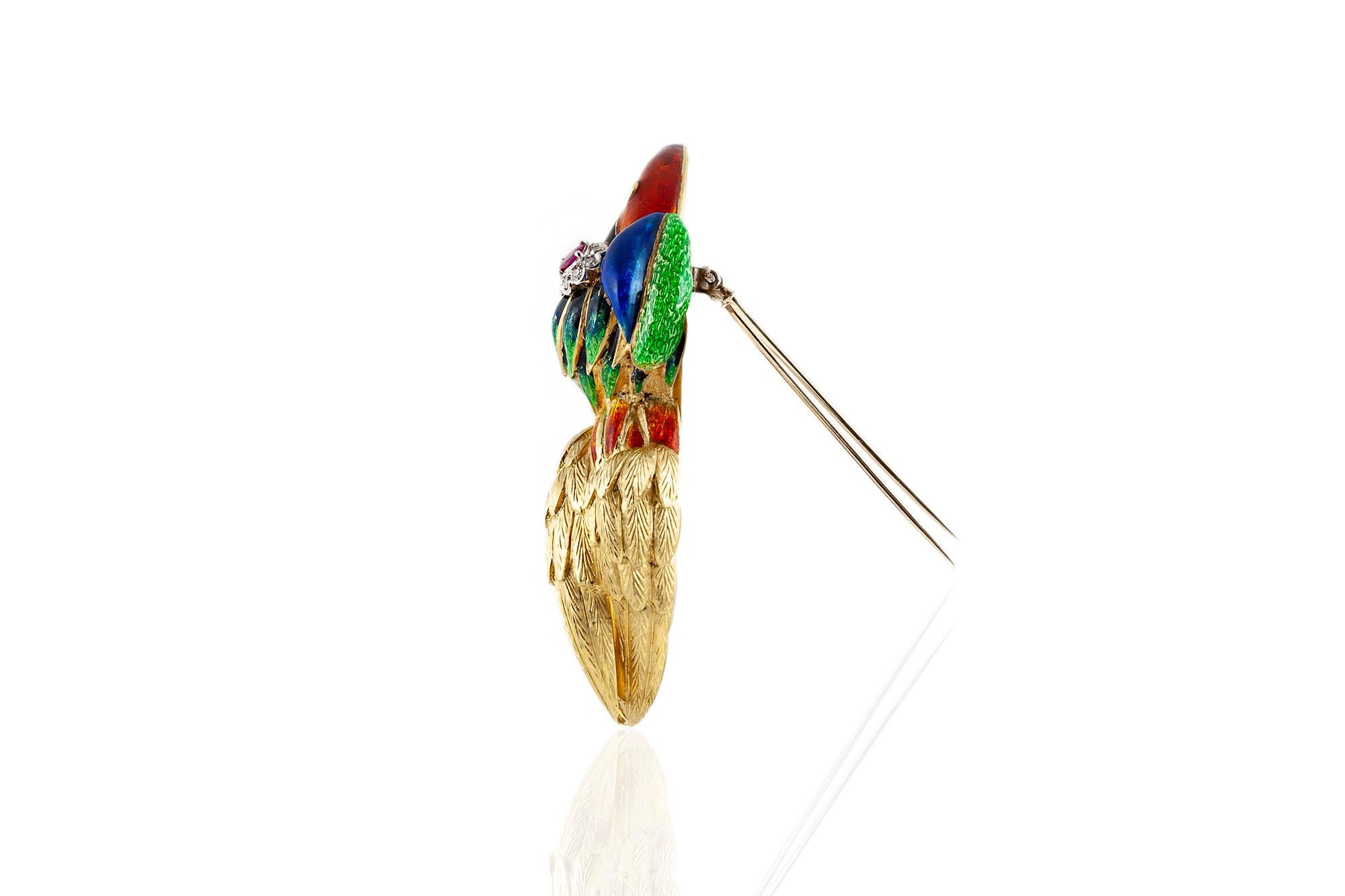 Toucan brooch, finely crafted in 18k yellow gold with ruby and diamonds eye, orange, green and blue enamel. Circa 1960's.