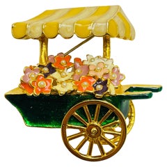 Vintage gold enamrl pearl flower cart designer brooch
