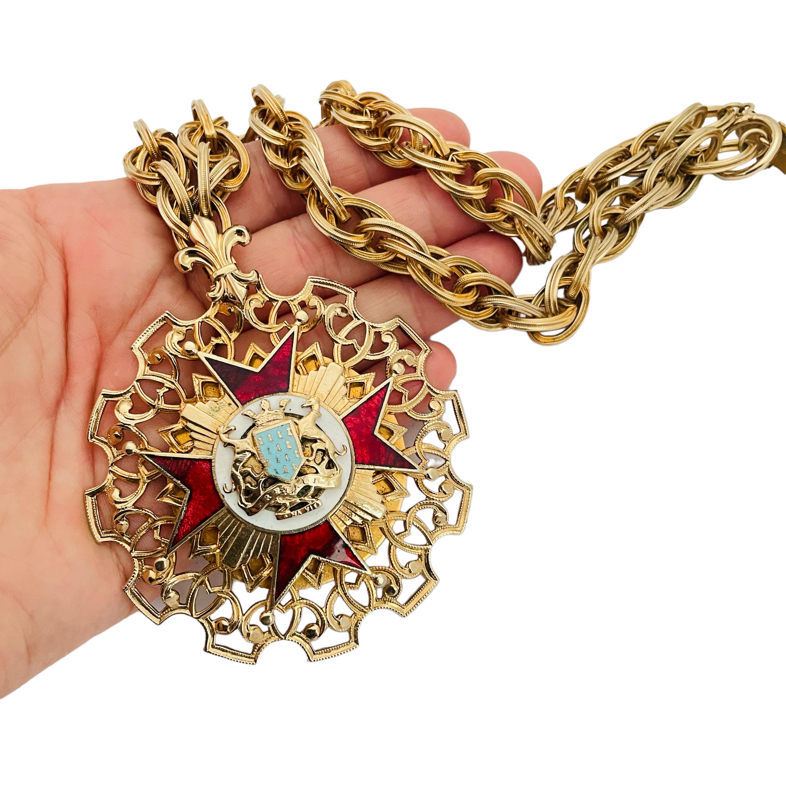 Vintage gold engraved huge Maltese cross enamel necklace 1