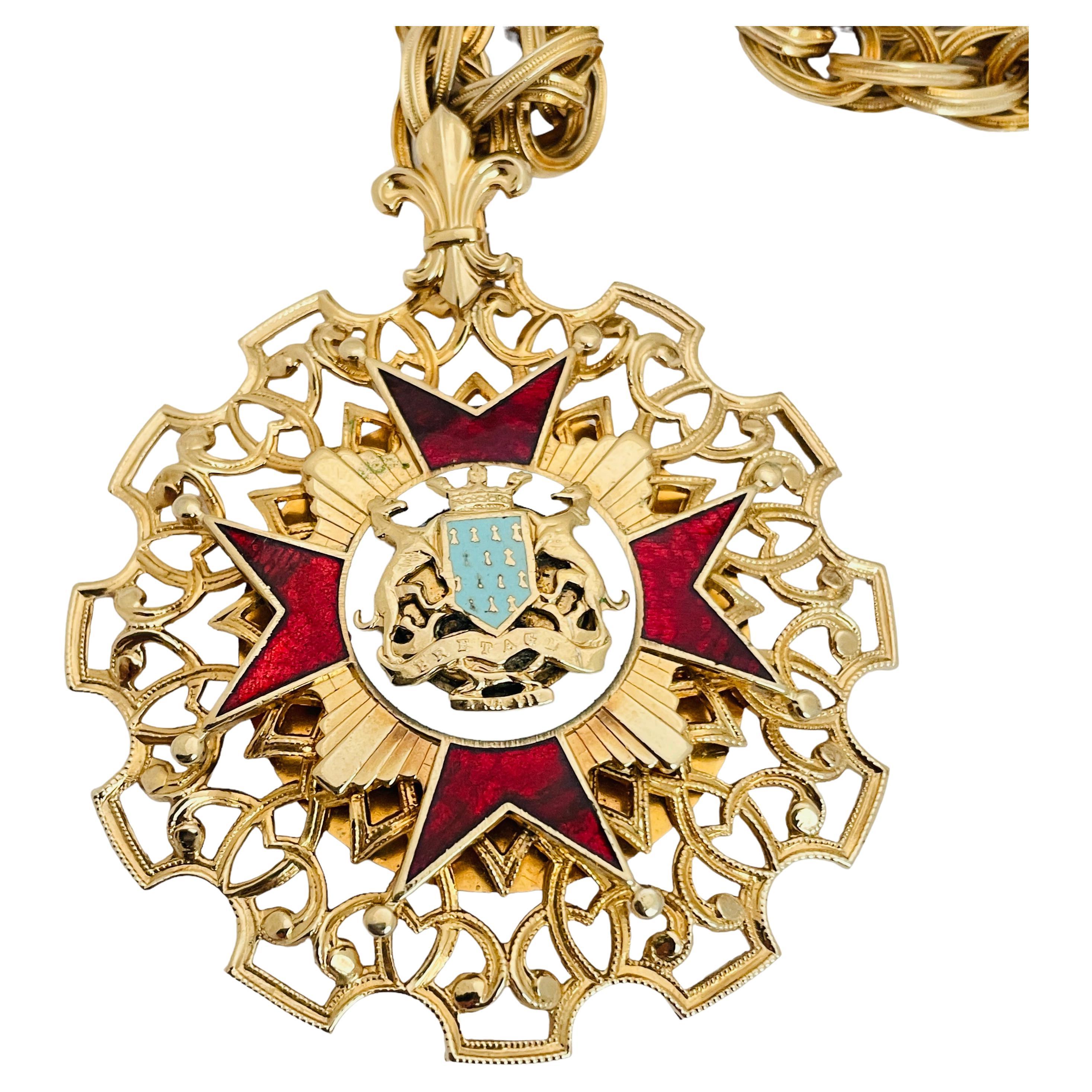 Vintage gold engraved huge Maltese cross enamel necklace