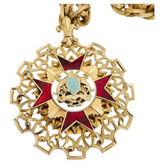Vintage gold engraved huge Maltese cross enamel necklace