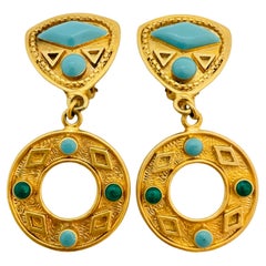 Vintage gold etruscan faux turquoise dangle designer runway clip on earrings