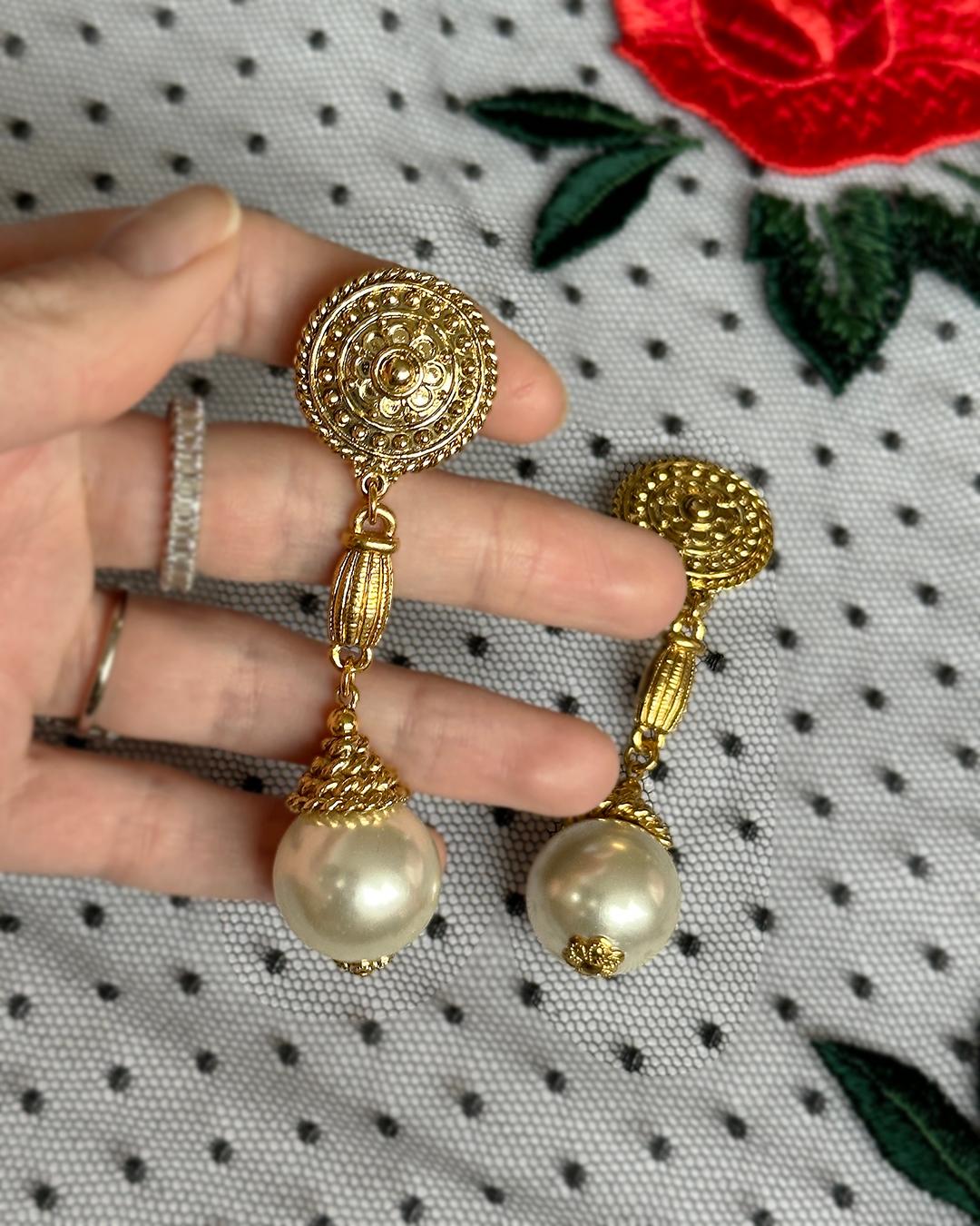 Etruscan Revival Vintage Gold Etruscan Pearl Statement Earrings
