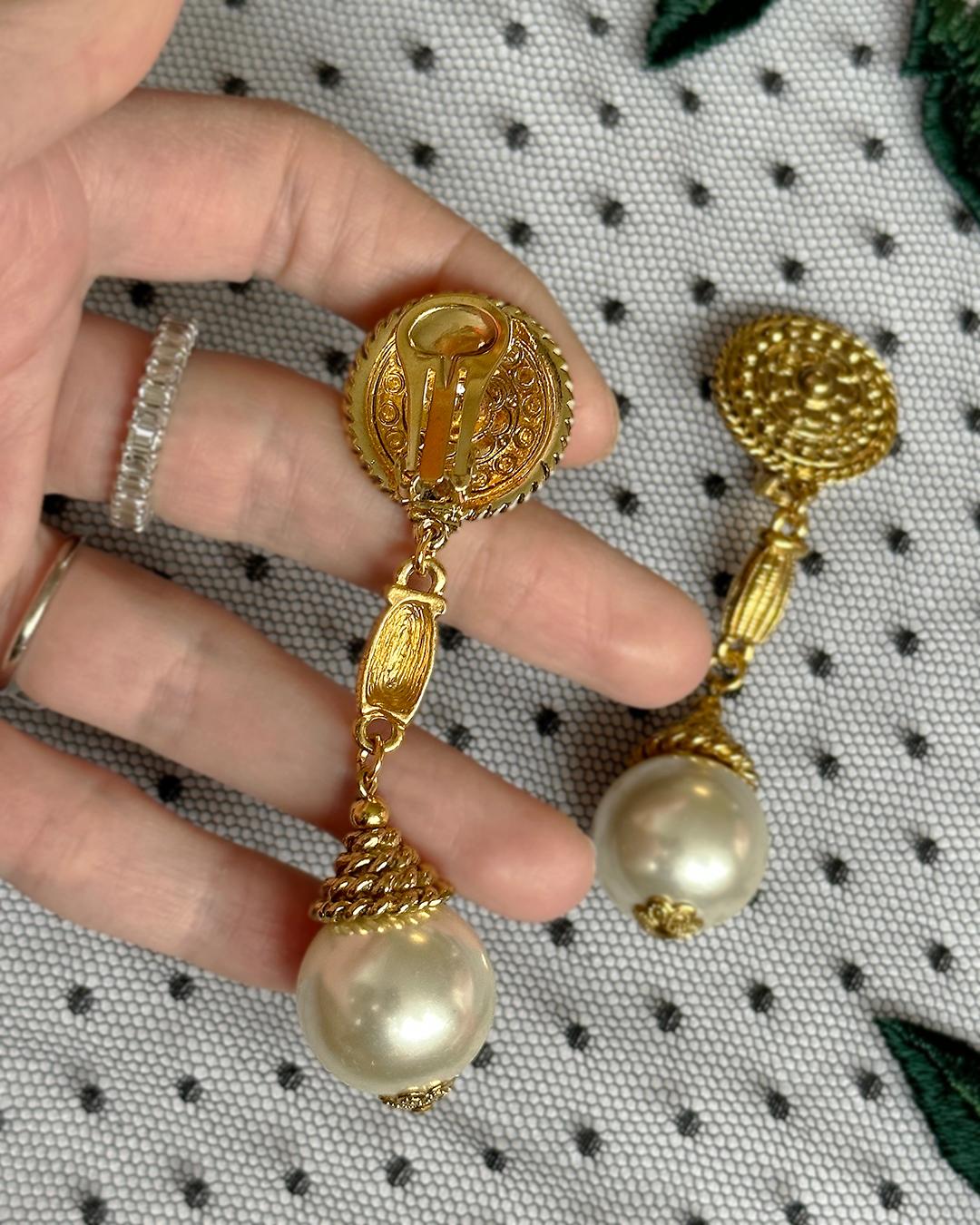 Ball Cut Vintage Gold Etruscan Pearl Statement Earrings