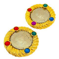 Vintage gold Etruscan style silver coin jewel clip on designer earrings