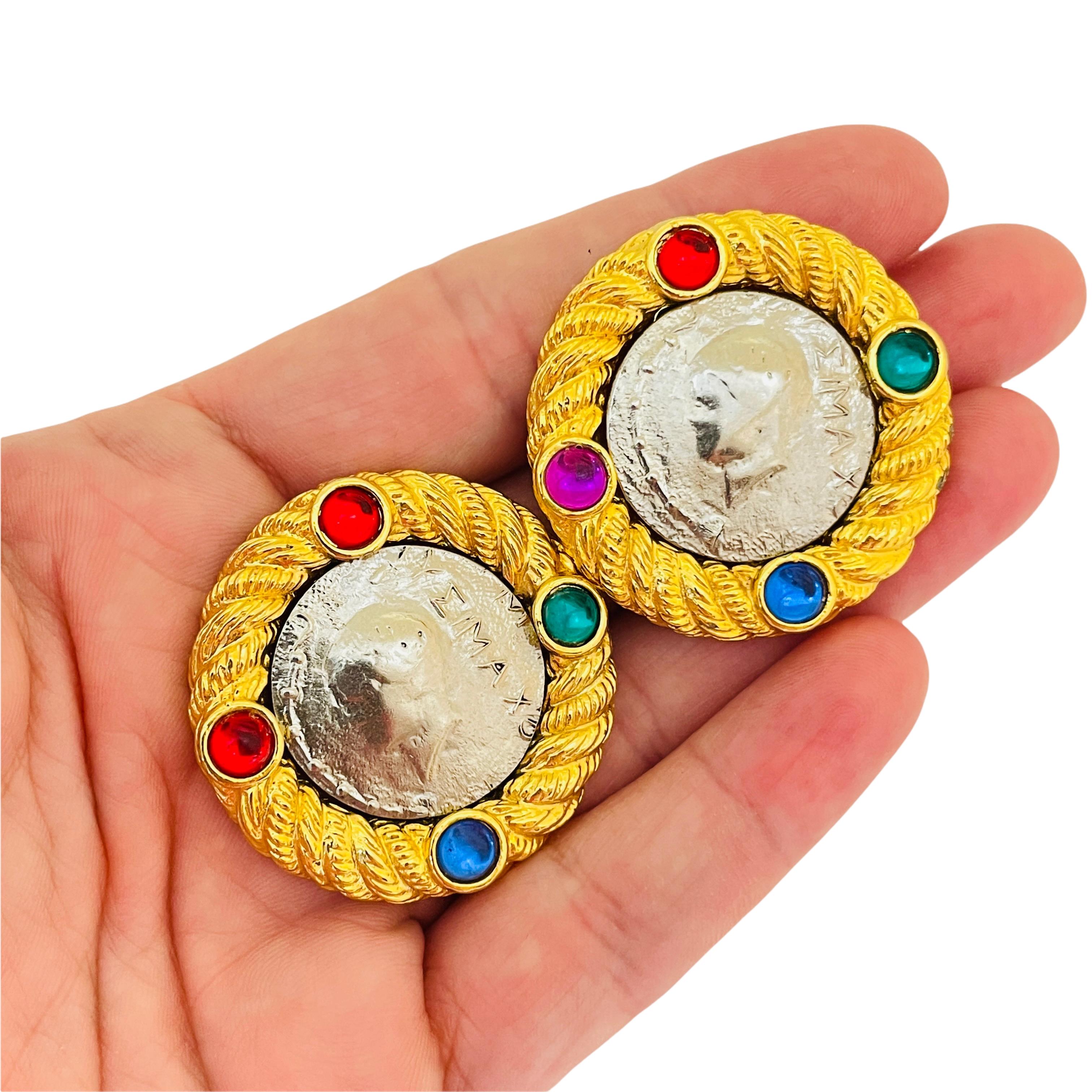 Women's Vintage gold Etruscan style silver coin jewel clip on designer earrings For Sale