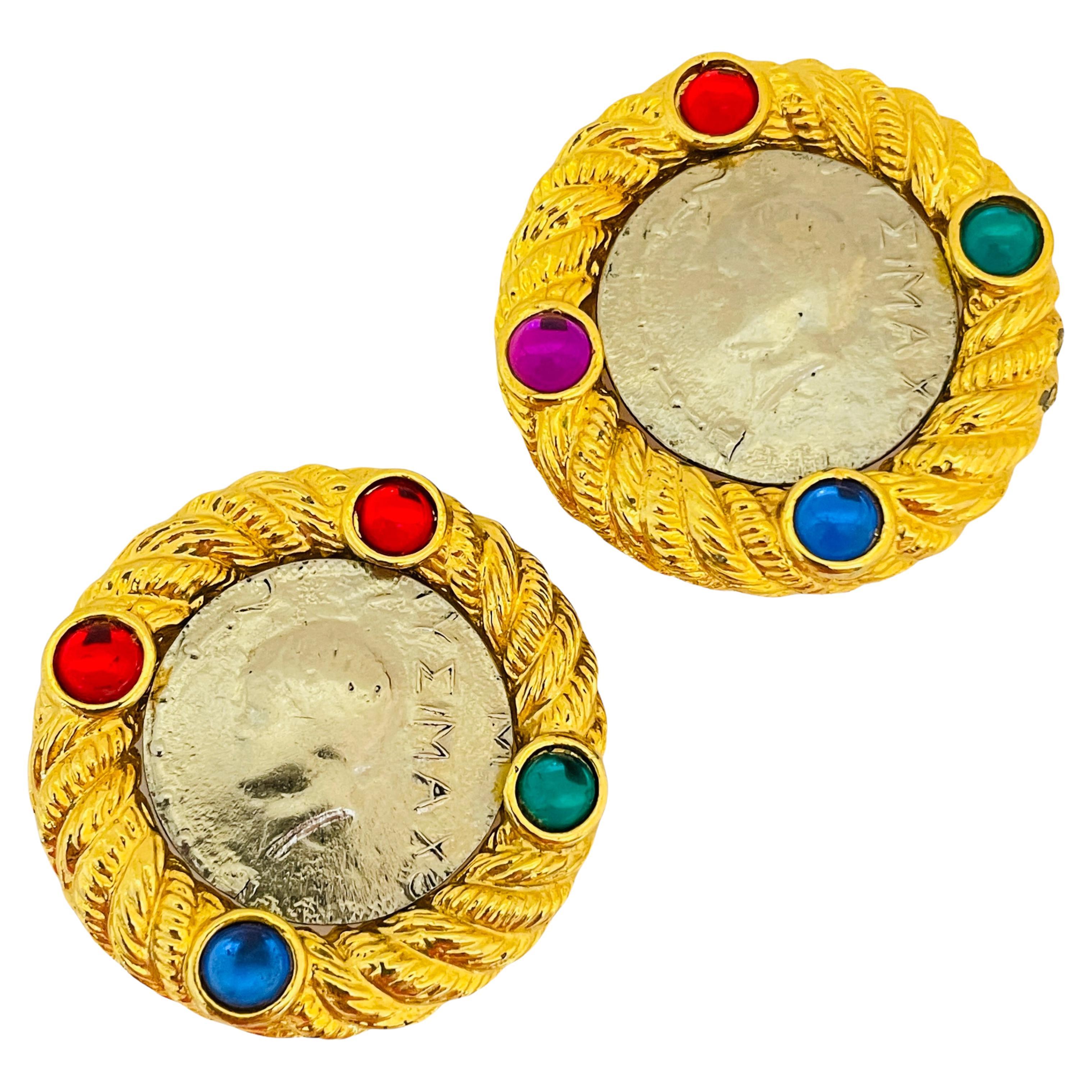 Vintage gold Etruscan style silver coin jewel clip on designer earrings For Sale