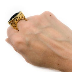 Vintage Gold & Faceted Jet Glass Ring with Butterfly Gallery 1970s