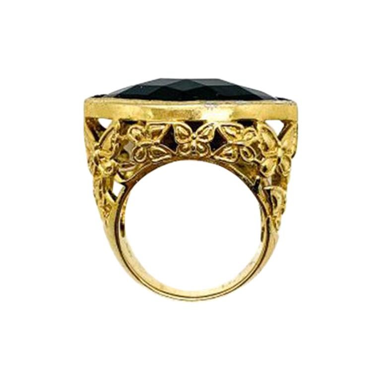 Vintage Gold & Faceted Jet Glass Ring with Butterfly Gallery 1970s