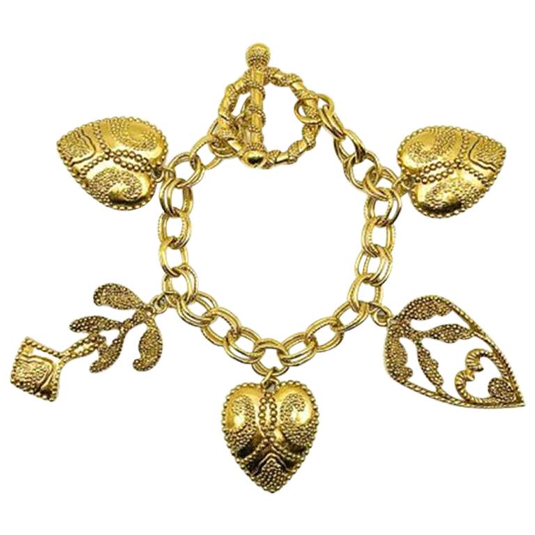 Vintage Gold Fancy Heart Charm Bracelet 1990s