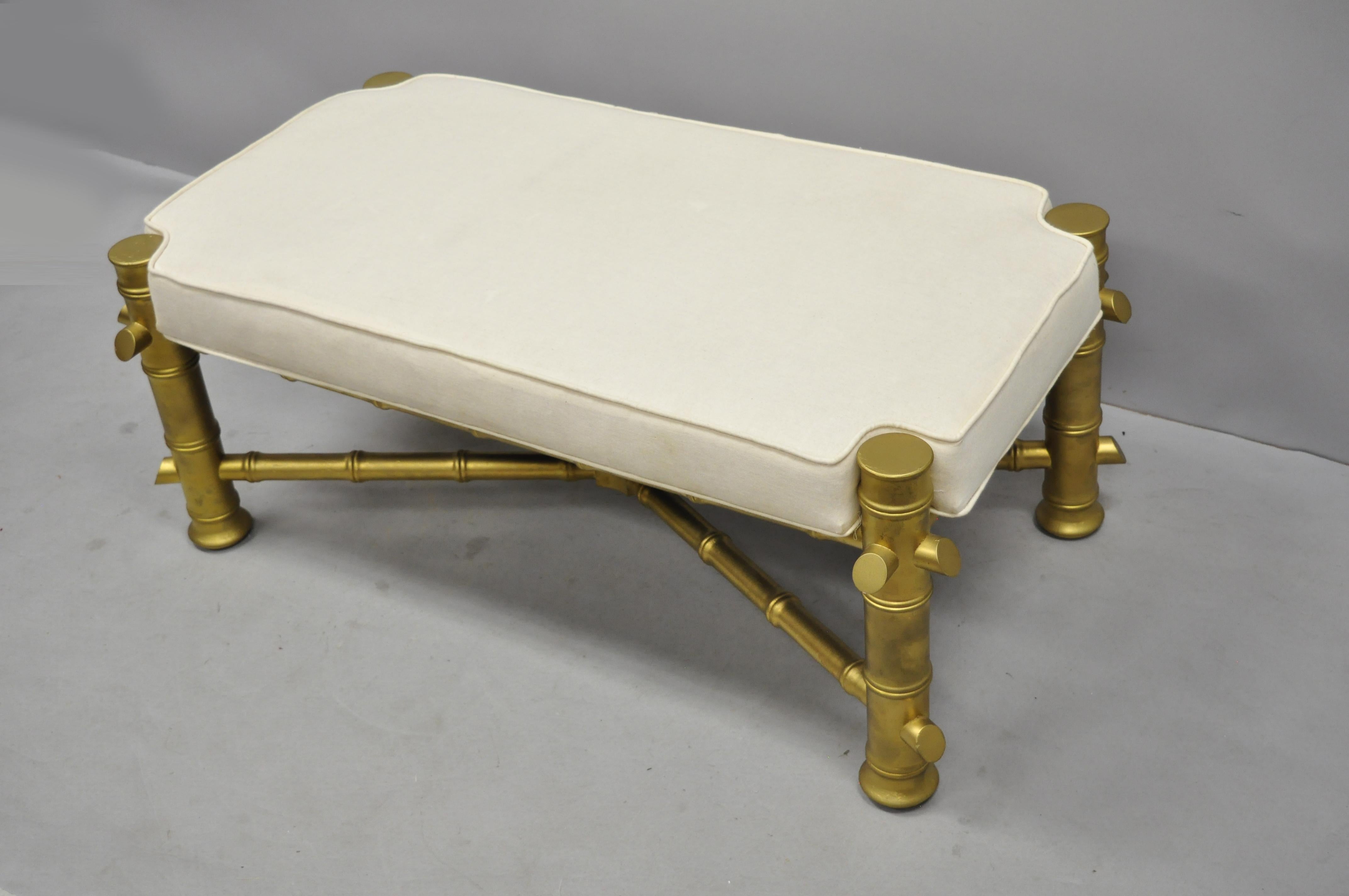 Fabric Vintage Gold Faux Bamboo Chinese Chippendale Style Upholstered X-Frame Bench For Sale