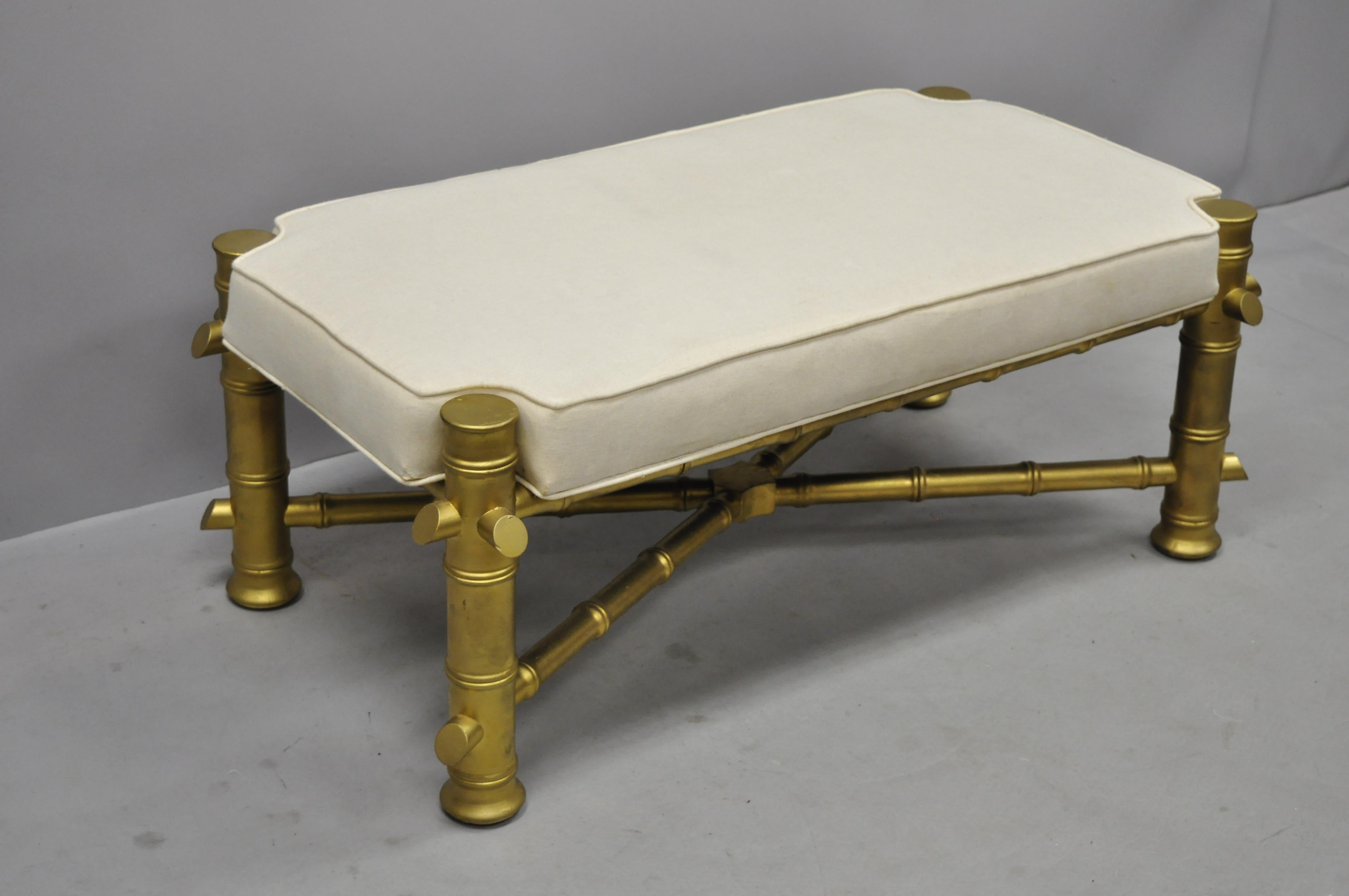 Hollywood Regency Vintage Gold Faux Bamboo Chinese Chippendale Style Upholstered X-Frame Bench For Sale