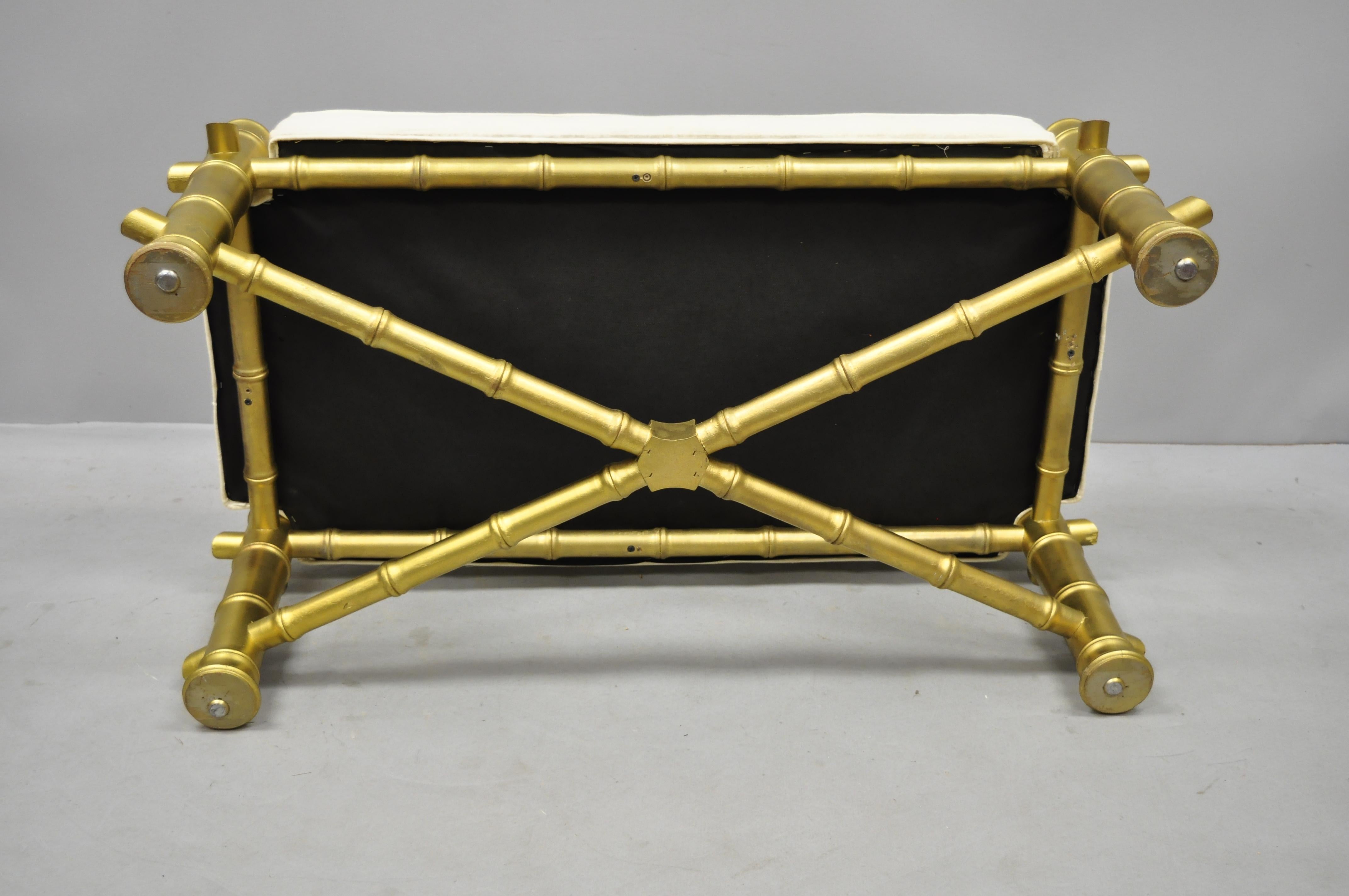 20th Century Vintage Gold Faux Bamboo Chinese Chippendale Style Upholstered X-Frame Bench For Sale