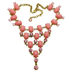 Vintage gold faux coral glass designer runway necklace