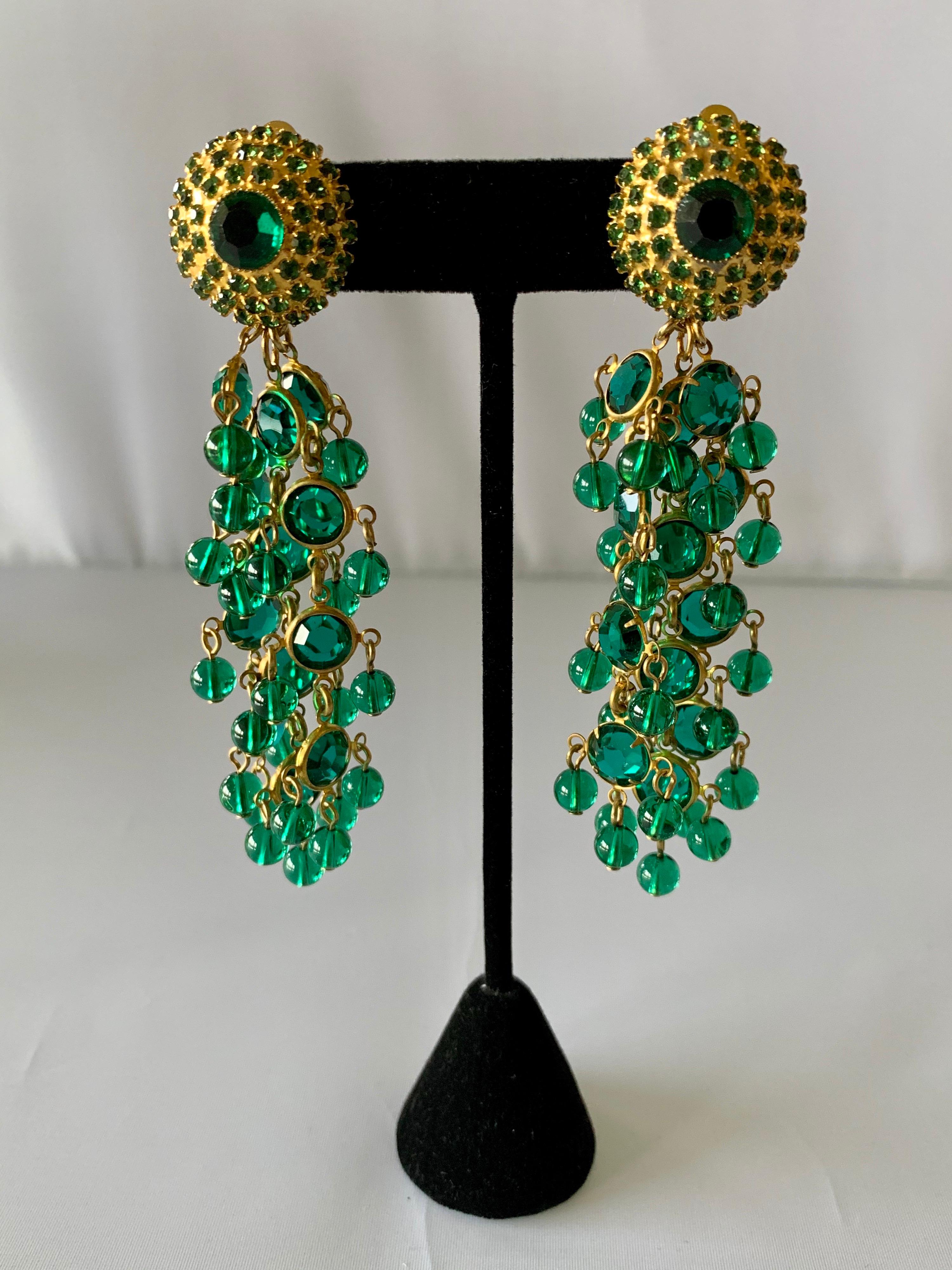 Bead Vintage Gold Faux Emerald Tassel Statement Earrings 