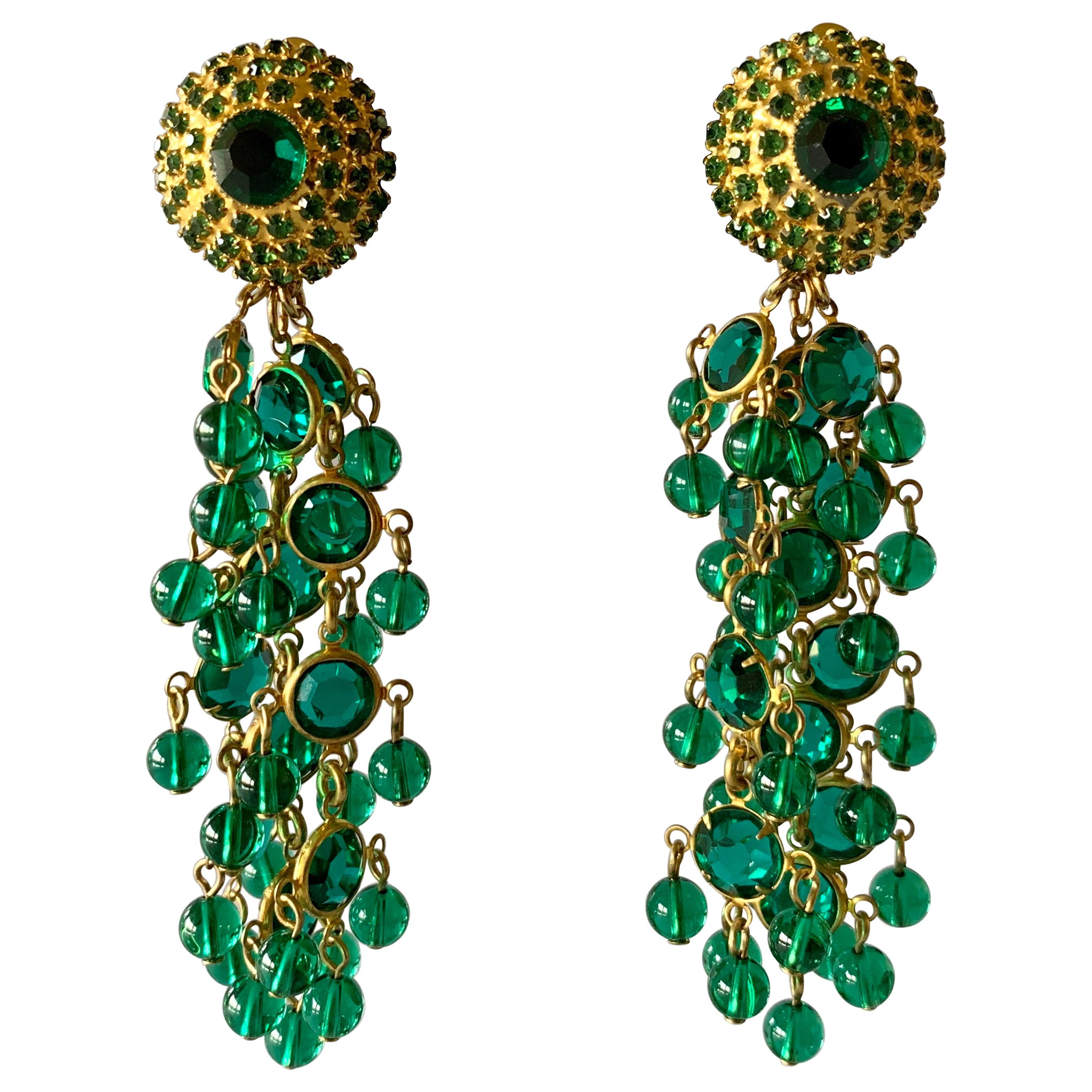 Vintage Gold Faux Emerald Tassel Statement Earrings 